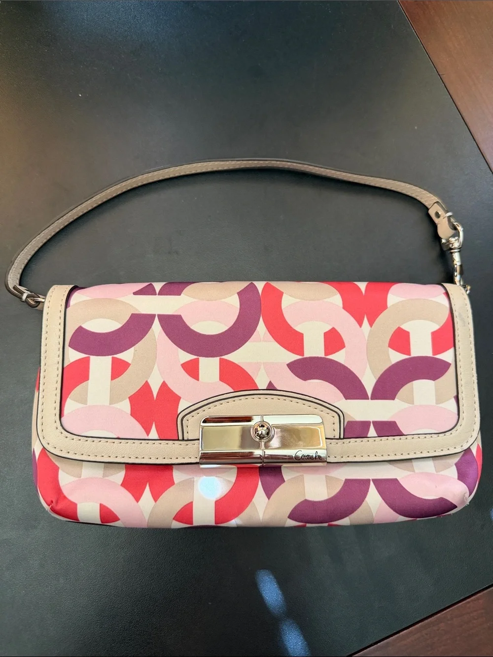 Coach Pink Red Purple Geometric Wristlet with Beige Trim
